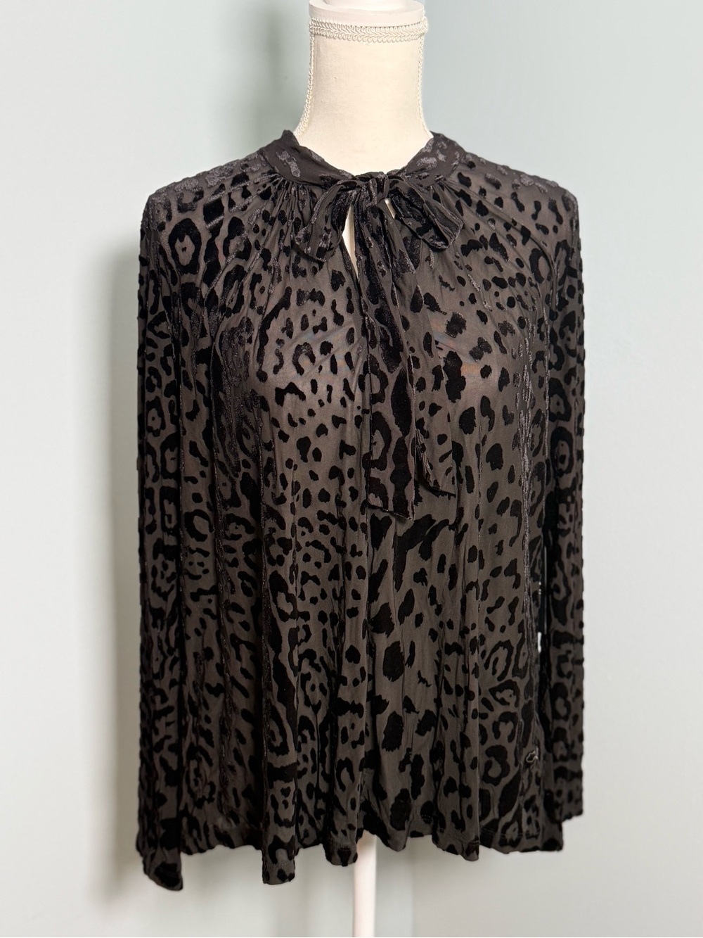 Tribal Leopard Print Tie-Neck Blouse in Black and Brown. Smoke-free home.